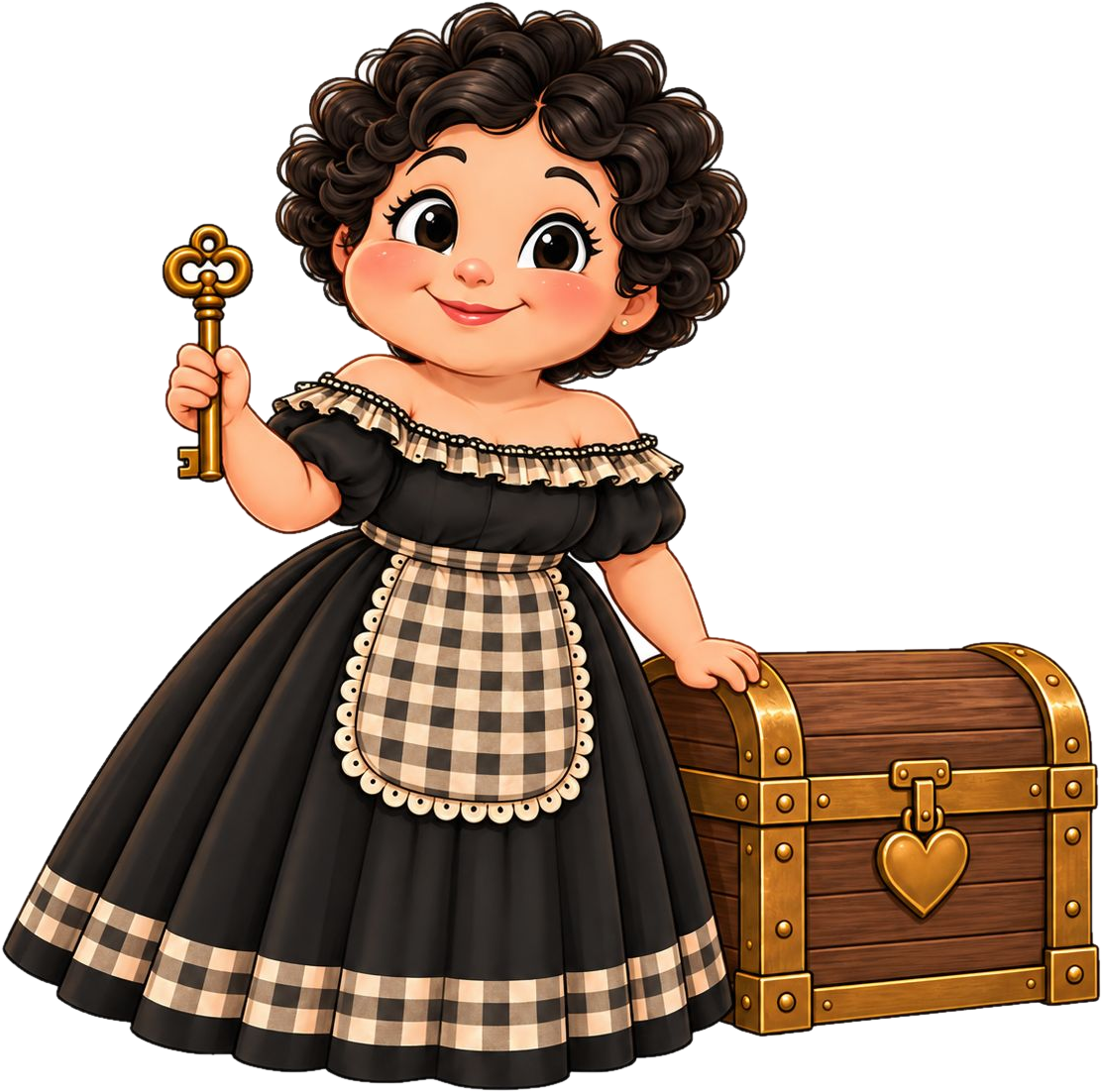 La Benigna®, ilustración de una mujer de cabello rizado con vestido negro y delantal a cuadros, que sostiene una llave antigua y apoya la mano sobre un cofre de madera con un candado en forma de corazón.